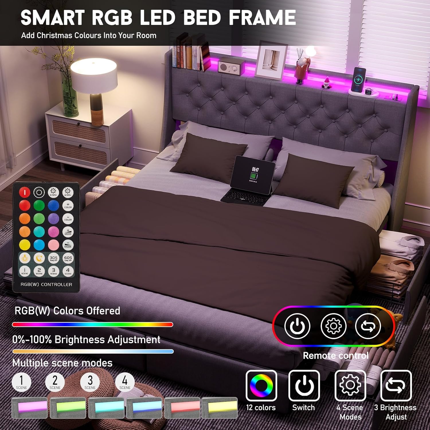 Assembled headboard with LED lights and charging station