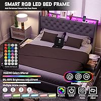 Vista 4 de Base de cama Queen con 4 cajones de almacenamiento y luces LED, plataforma tapizada tamaño Queen con estación de carga, soporte de listones