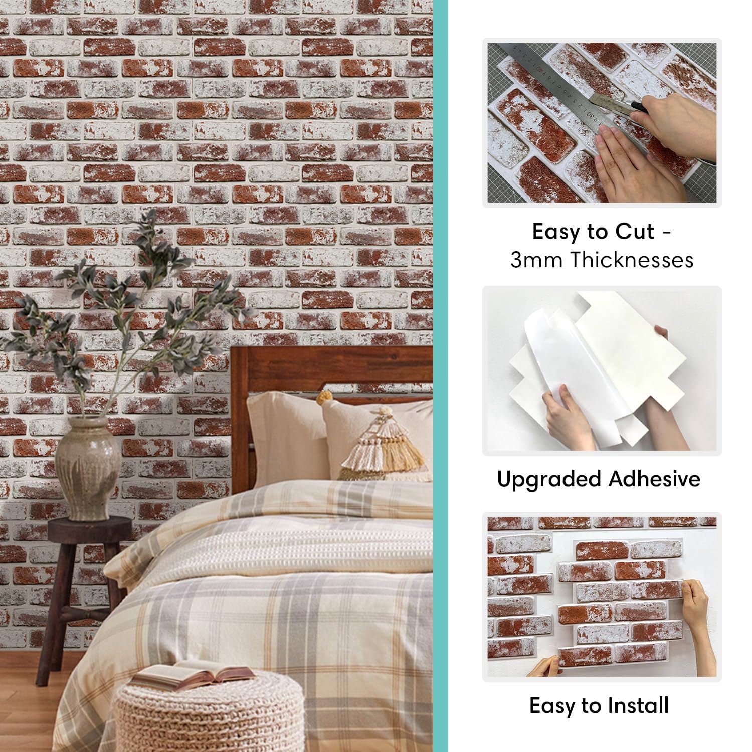 Commomy Panneaux Muraux 3D Imitation Brique, 10 Pièces, Dalle PVC Adhesive Murale Papier Peint 3D Autocollant à Effet Pierre, 30 × 30 cm, Panneau Mural Décoratif Revêtement Mural