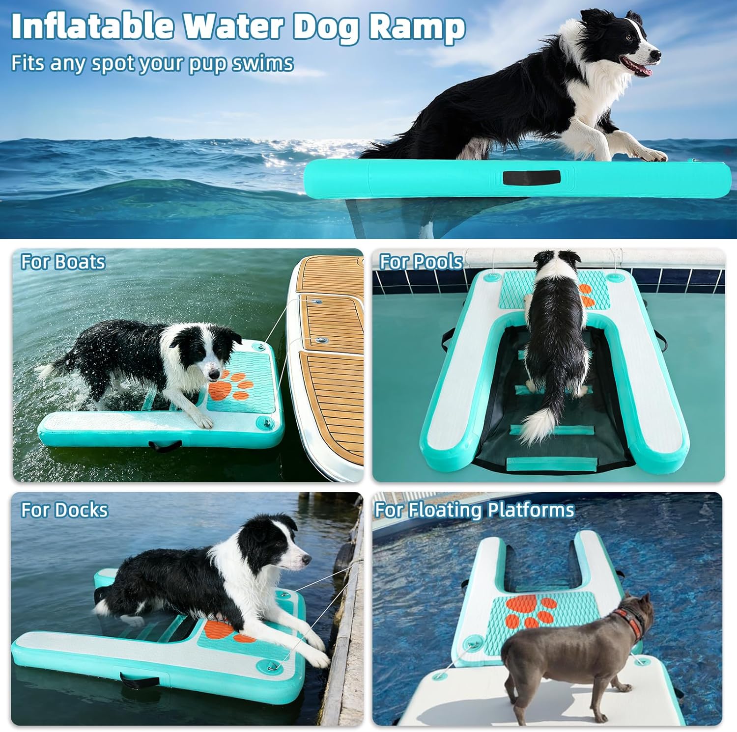 Inflatable Dog Water Ramp Floating Dock - 200LBS Capacity Non-Slip Pet Float Ladder Enables Safe Pool/Lake/Boat Entry