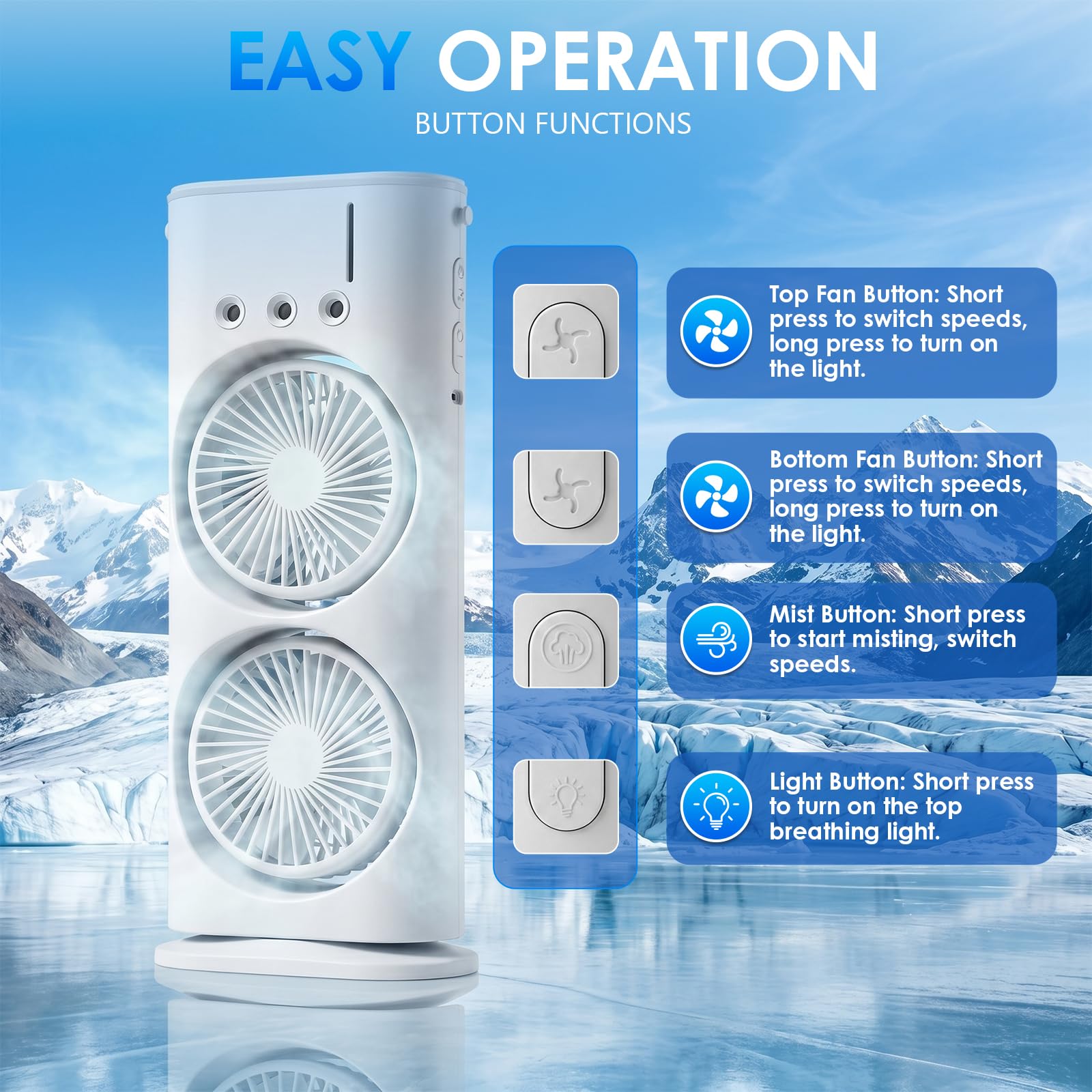 Mobile Klimaanlage 4 in 1, Luftkühler Ventilator USB, Mini Klimagerät mit 280ml Wassetank, Luftbefeuchter, LED -Licht, 3 Geschwindigkeiten, 3 Nebelmodi, Luftreiniger für Hause, Büro, Reisen