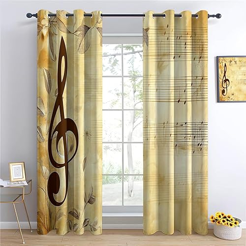 Miniatura 2 de 52" W x 108" L 2 Panel Grommet Room Darkening Window Curtain Drapes, Tan Window Drapes Decor, Retro Musical Note Plant Leaves Print Curtains for