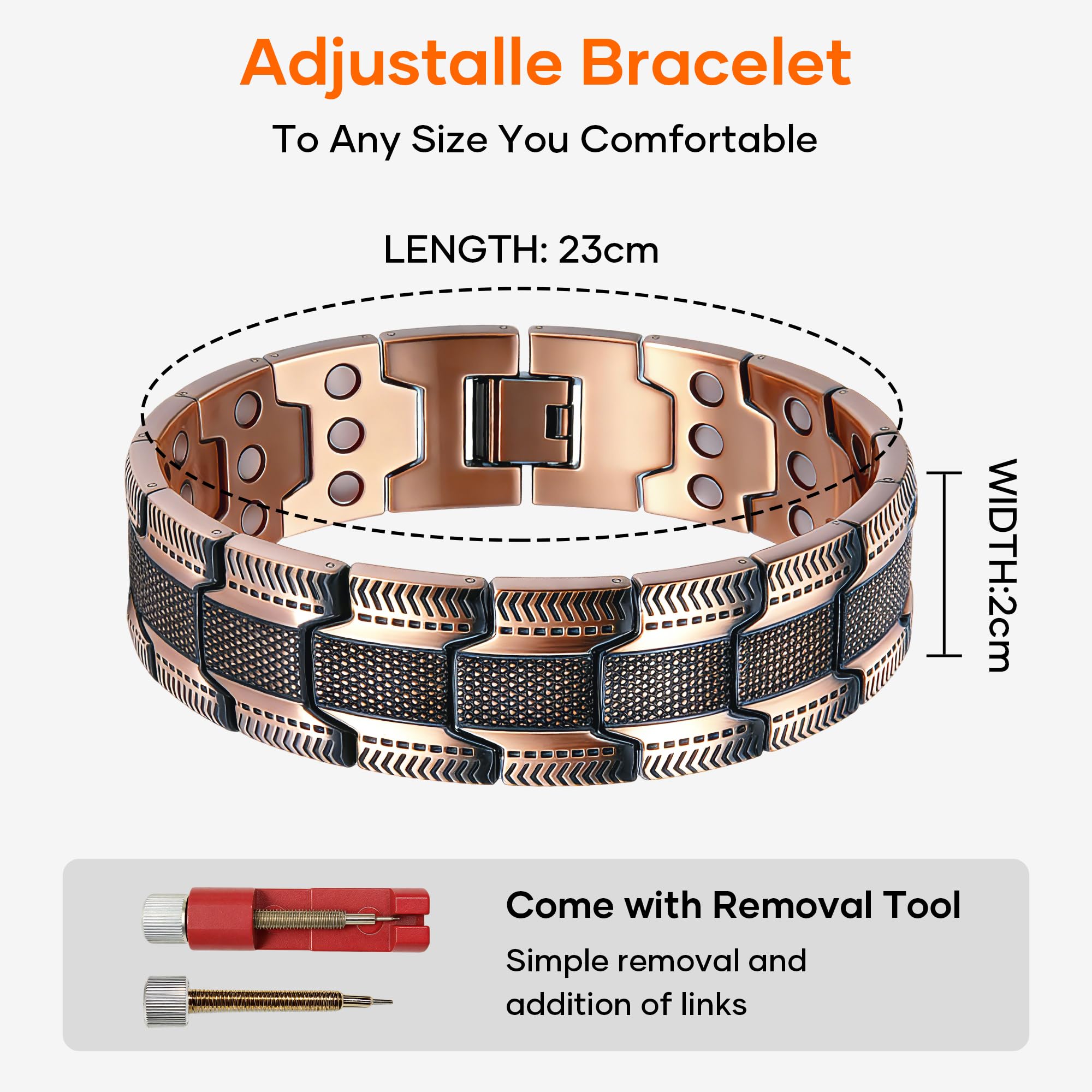 BOYUNSHI Bracelet en cuivre pour homme - 3 rangées de bracelets magnétiques ultra puissants - Design masculin breveté - 99,99 % - Bracelet magnétique en cuivre pur - Longueur réglable avec outil de