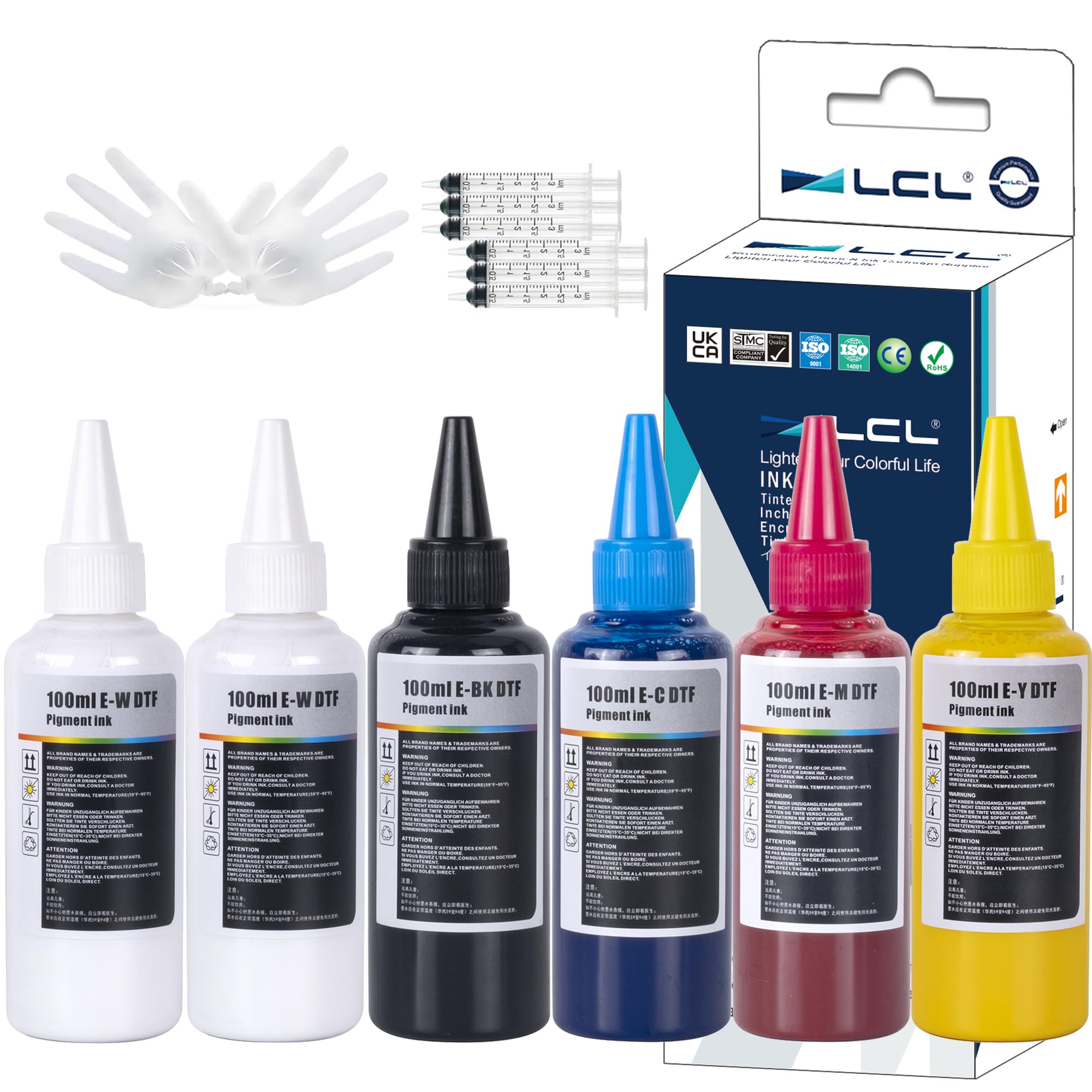 LCL 600ML Premium DTF Ink Refill for Inkjet Printers Heat Transfer Film Printing (100ml x 6 CMYK 2Wh) Replacement for Epson L800 L1800 L805 R1390 4720 I3200 XP600 DX7 DX5 5113 1430 TX800P400 P408 P640