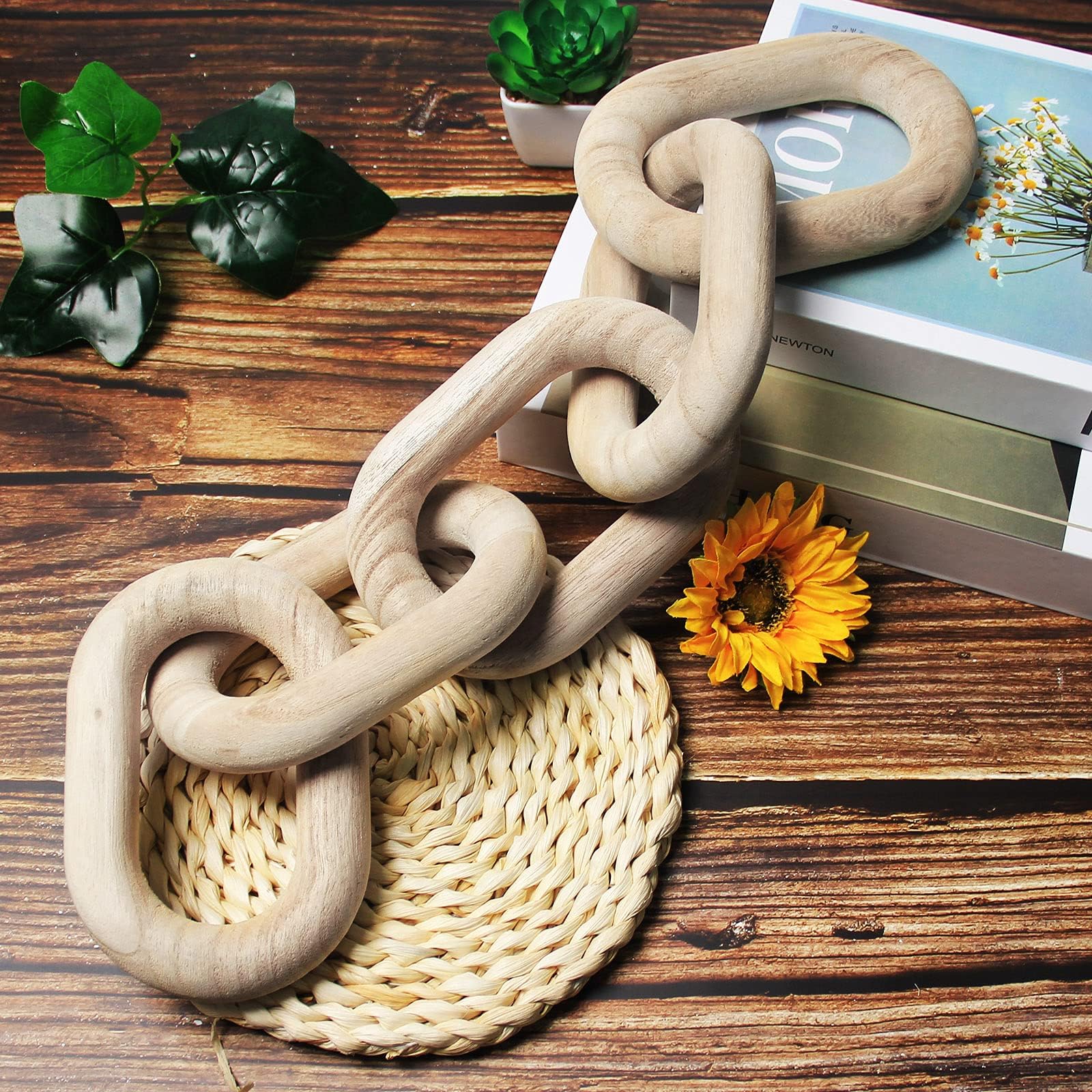 Decorative Wood Chain Link Decorations for Home Boho Hand Carved Modern Farmhouse Aesthetic Wooden Rustic Country Chain Decor for Living Room Bedroom (Natural)
