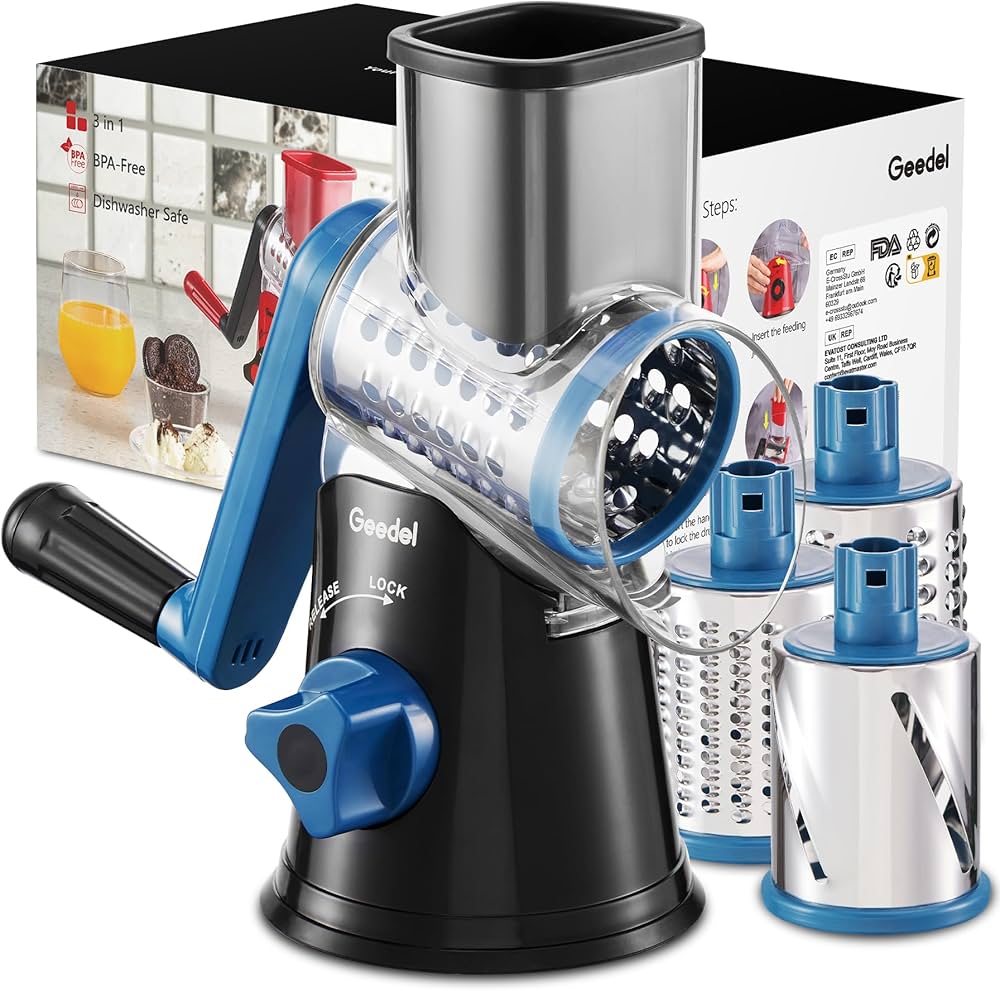 Geedel Rotary Cheese Grater, Kitchen Mandoline Vegetable Slicer with 3 Interchangeable Blades, Easy to Clean Rotary Grater Slicer for Fruit, Vegetables, Nuts, Black