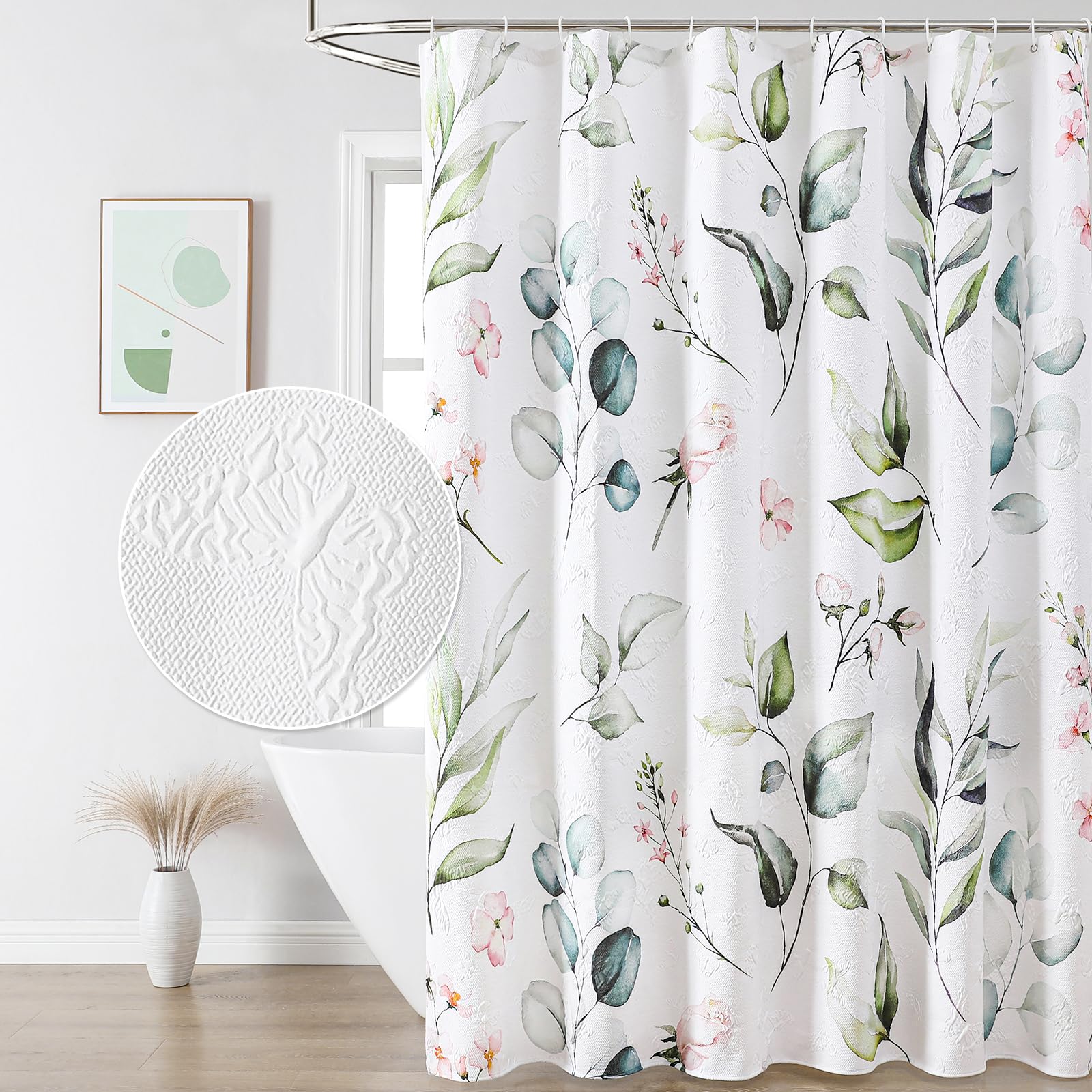 QIYI Watercolor Eucalyptus Shower Curtain, 3D Embossed Butterflies Floral Bathroom Curtain, Minimalist White Farmhouse Bath Curtain, Waterproof Fabric