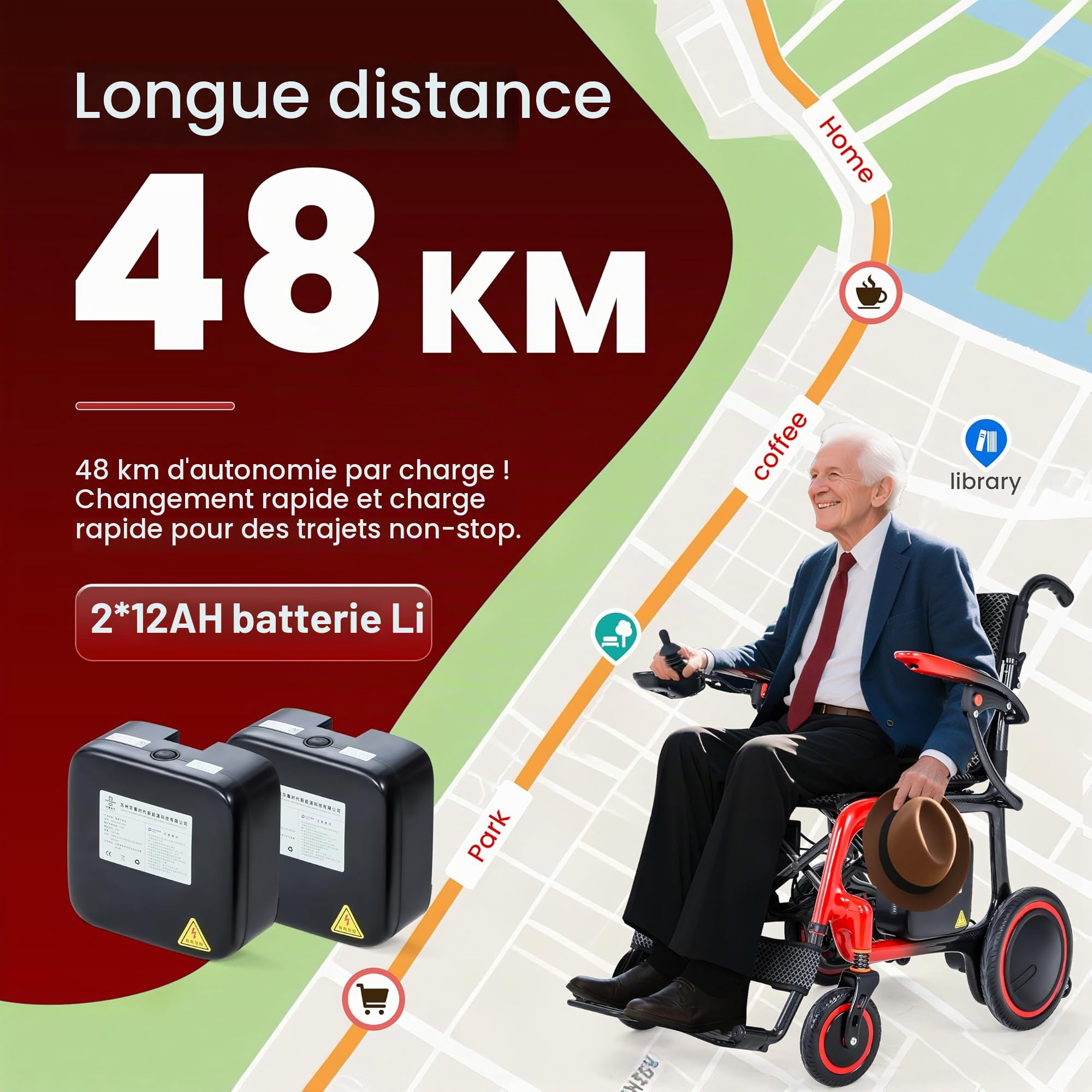 Fauteuil roulant électrique pliable le plus léger, seulement 13 kg, 100% fibre de carbone, portée de 48 km, 2 piles 12 Ah, avec coussin de siège, sac de transport