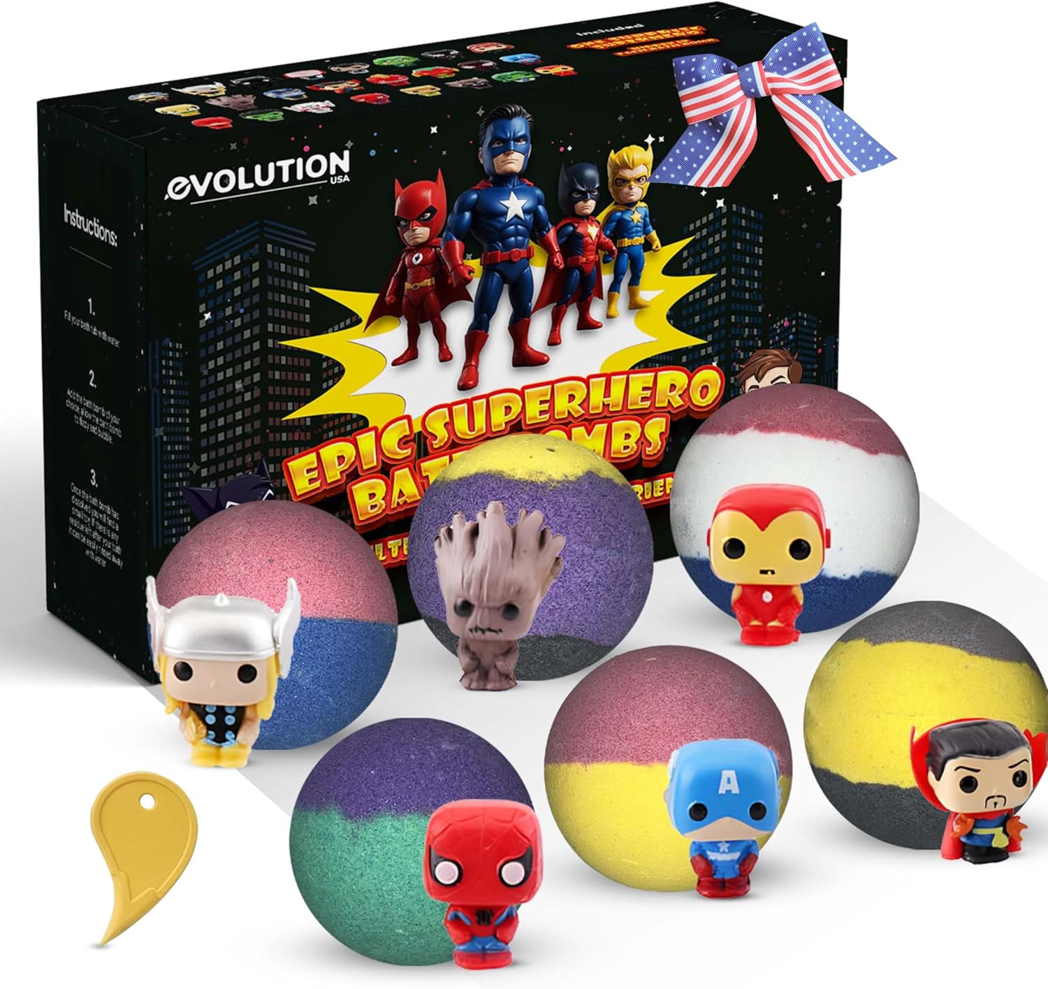 EvolutionUSA Black Epic Superhero Bath Bombs for Kids, 6 Super Hero Bath Bombs with Toy Inside, Lush Childrens Bathbombs, Organic Bathbomb with Surprise Inside, Fizzy Fun Superhero Bath Balls EvolutionUSA Black Epic Superhero Bath Bombs for Kids, 6 Super Hero Bath Bombs with Toy Inside, Lush Childrens Bathbombs, Organic Bathbomb with Surprise Inside, Fizzy Fun Superhero Bath Balls