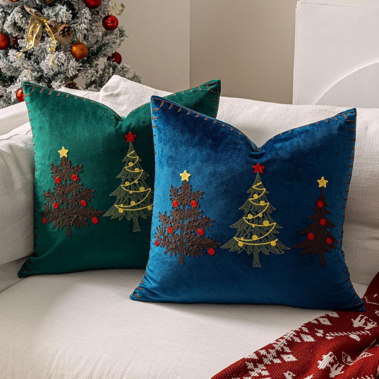 HOSTECCO Christmas Throw Pillow Covers 18x18 inch Set of 2 Blue Christmas Decorative Pillow Cases Winter Velvet Cushion Covers for Holiday Décor