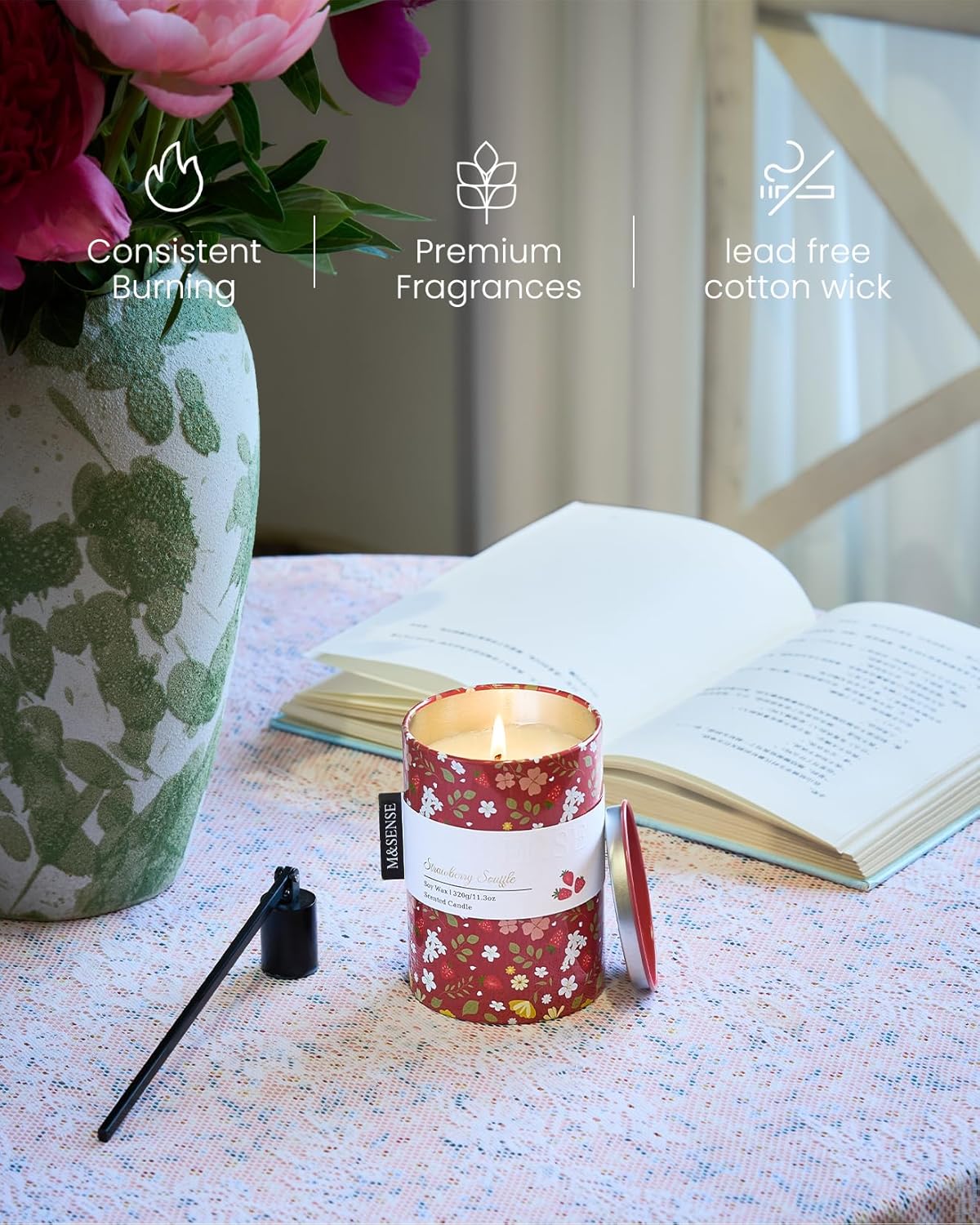M&SENSE Spring Candle 11.3 oz,Strawberry Souffle Scented Candle,Non-Toxin Soy Wax for Home Scented, Floral Candles Gift for Women, Up to 70 Hours Burning Long-Lasting Fragrance - Image 4