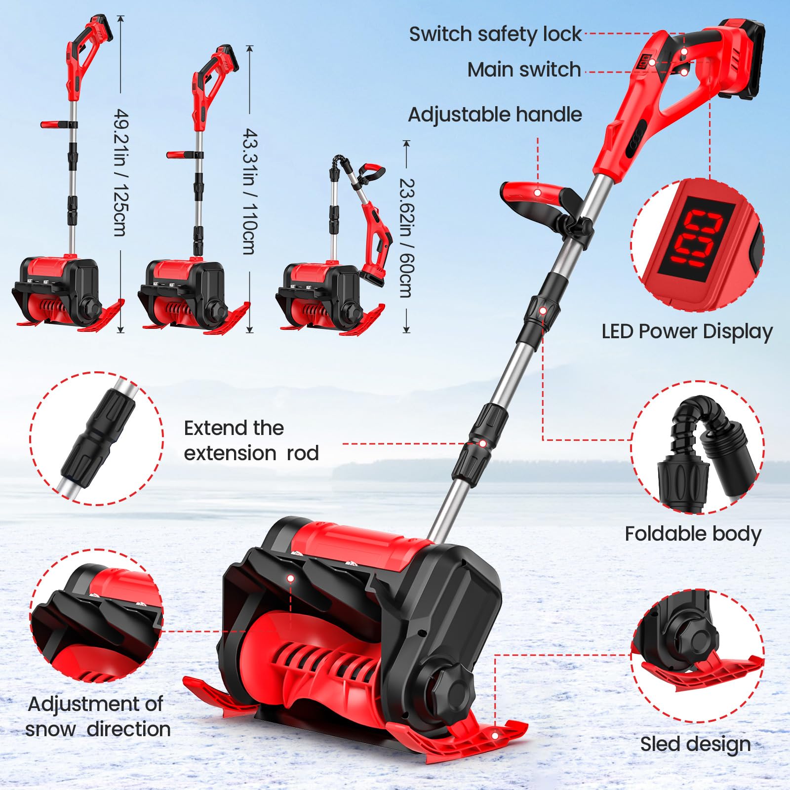 Akku Schneefräse 21V, Handgeführte Schneefräse Mit Zwei Batterien, Bürstenloser Motor, Digitaler Leistungsanzeige, Schlittendesign, Wurfweite 8M, Reinigungsbreite 30CM, kehrmaschine Akku für Gehwege