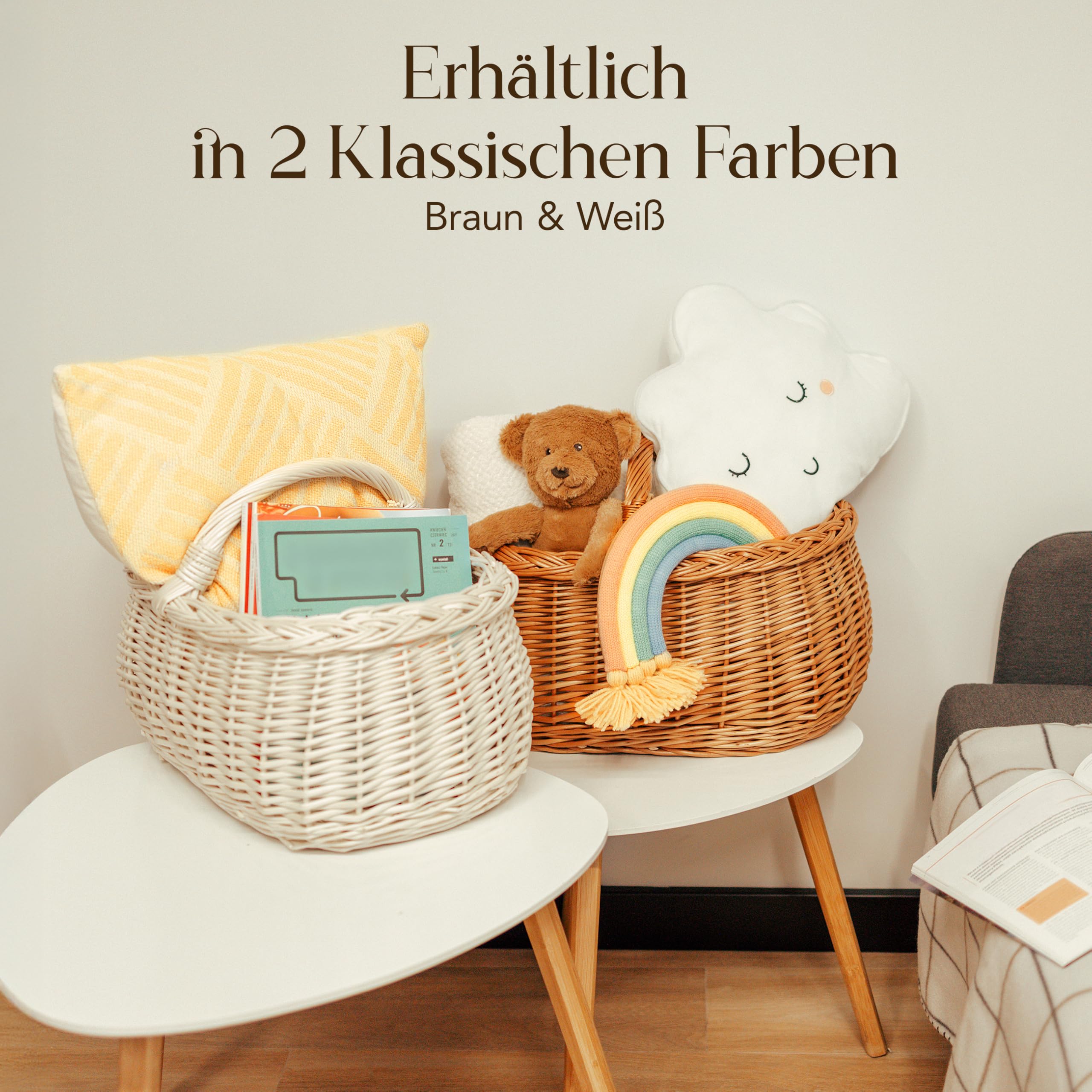 Creative Home Weiße Große Picknickkorb Weidenkorb mit Henkel Einkaufskorb Autokorb | 45 x 32 x 34 cm (+/- 1 cm) | Groß und Leicht | Handgeflochten | Universell und Langlebig Osterkörbchen Geflochten