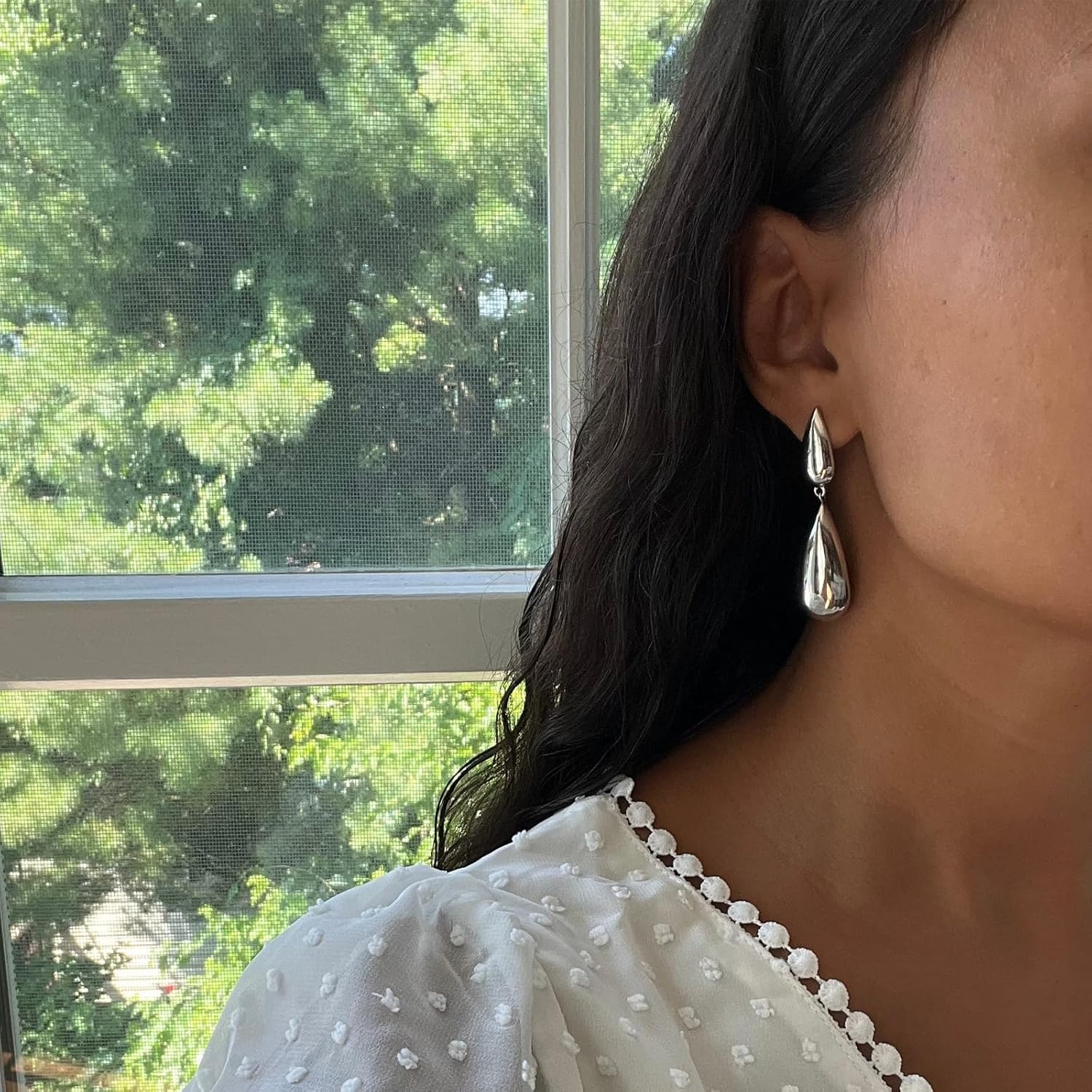 Gold Earrings 14K Gold Plated Waterdrop Earrings Lightweight Polishing Brushed Hammered Droplet Double Gold Teardrop Dangle Earrings for Women Trendy Gift - Image 2