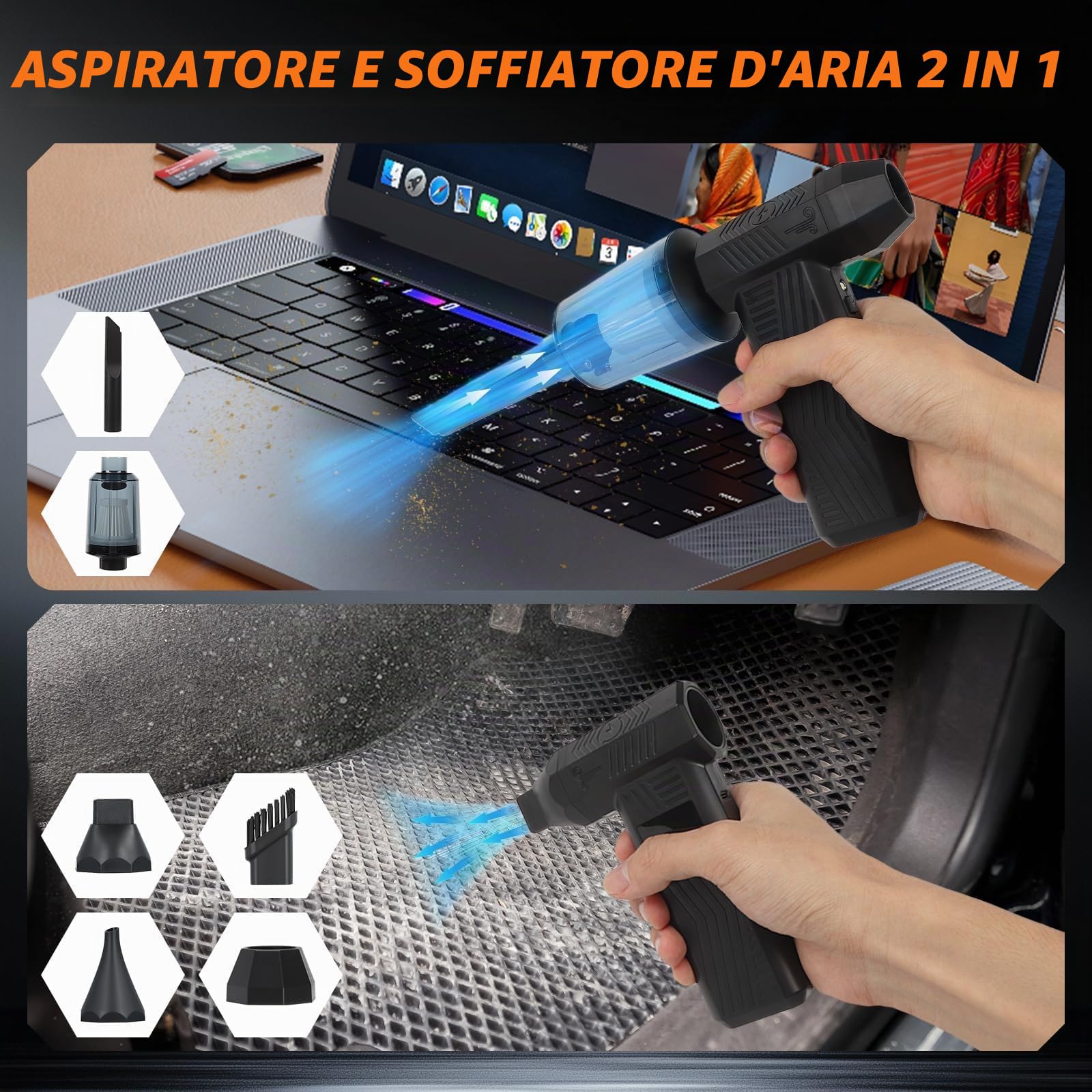 Soffiatore a Batteria Aspiratore 120000RPM, 4 Velocità Aria Compressa Air Duster Ricaricabile Soffiatore Aspiratore a Batteria Portatile per PC e Tastiera Peli di Animali Ufficio Auto