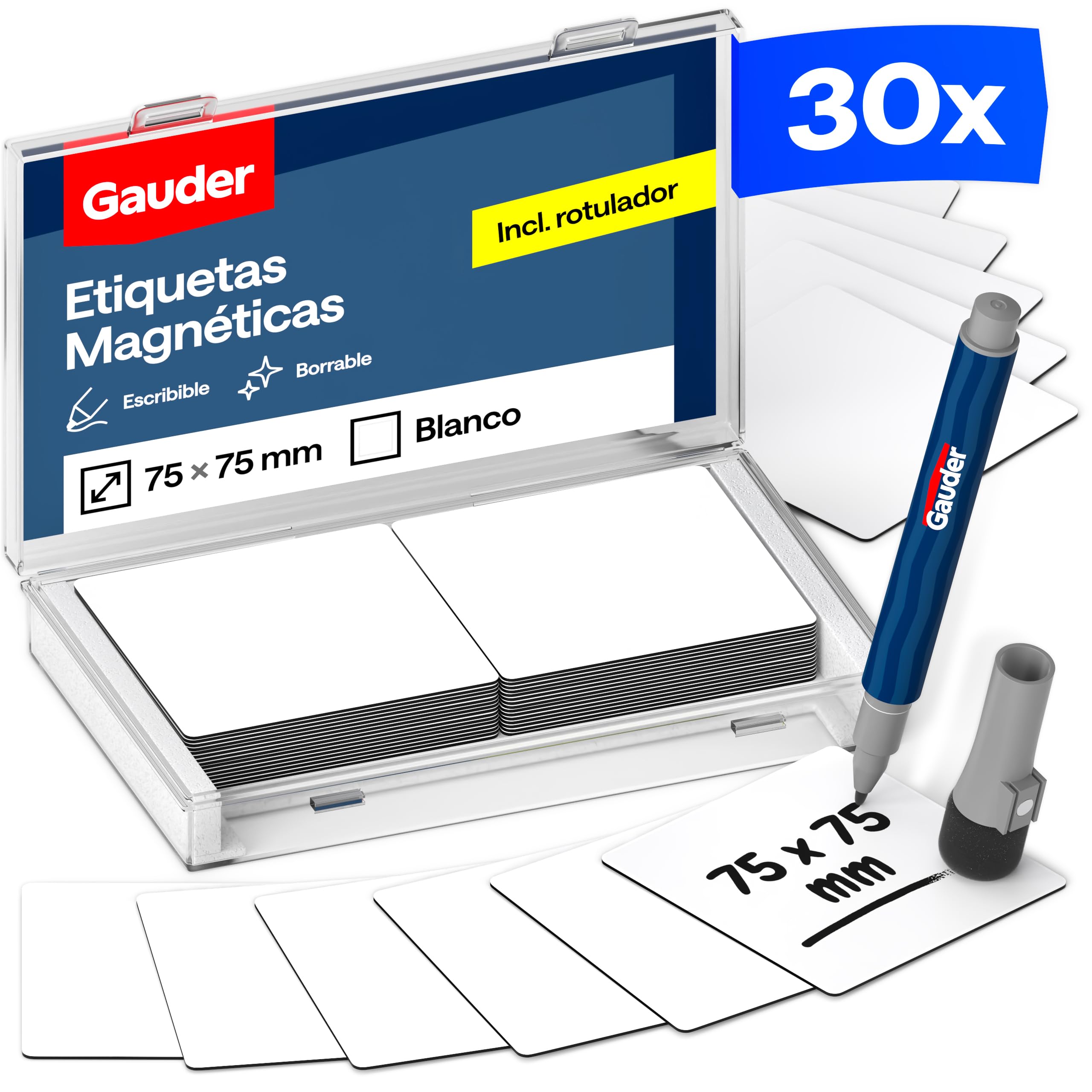 GAUDER Etiquetas Magnéticas Reutilizables - Imanes para Escribir para Pizarra Blanca, Tablero Kanban, Nevera y más - Tarjetas Magnéticas con Rotulador (30 Unidades - 75 x 75 mm)