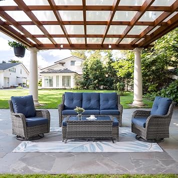 Belord Wicker Outdoor Furniture Patio Furniture Set - 6 Piece Patio Conversation Set with Swivel Rocker Chairs, Rattan Sofa, Ottomans and Coffee Table, Blue Cushion