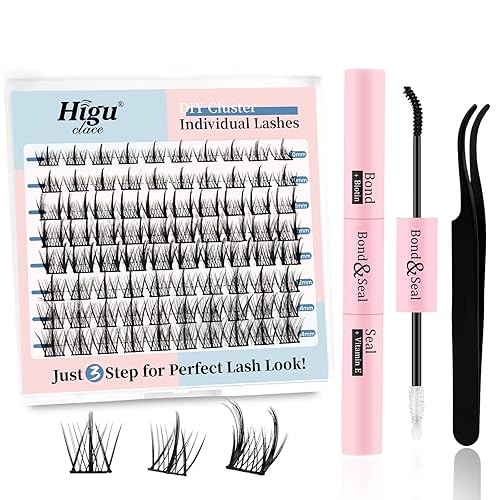 Higu - Kit de extensión de pestañas para bricolaje, 80 racimos de pestañas rizadas D, con unión y sello de pestañas de sujeción fuerte, pinzas