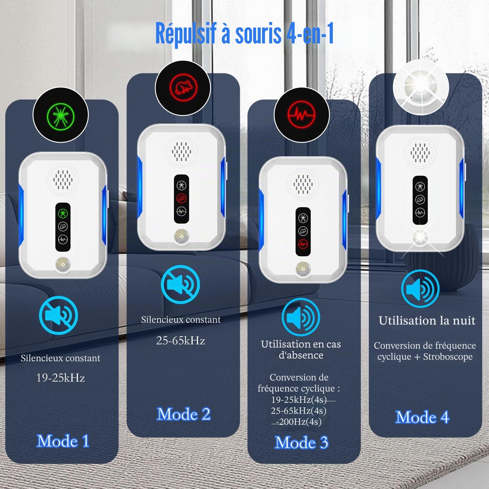 Ultrason Souris et Rats, 4 Pcs Intérieure Repulsif Souris avec 4 Modes Appareil Ultrason pour Nuisible Repousse Rats Moustiques Araignées Mouches Punaises Sûr pour Enfants et Animaux