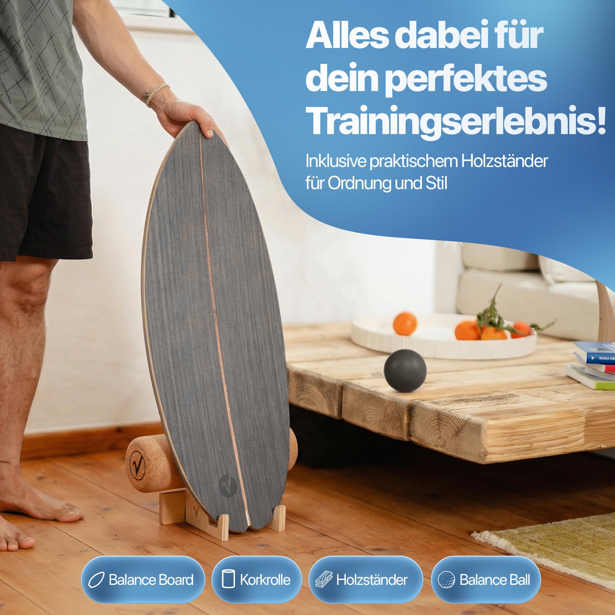 Balance Board aus Holz in – mit abgerundeten Ecken – inkl. Rolle für Neuromuscular Response Training +Plus: Halterung & Ball