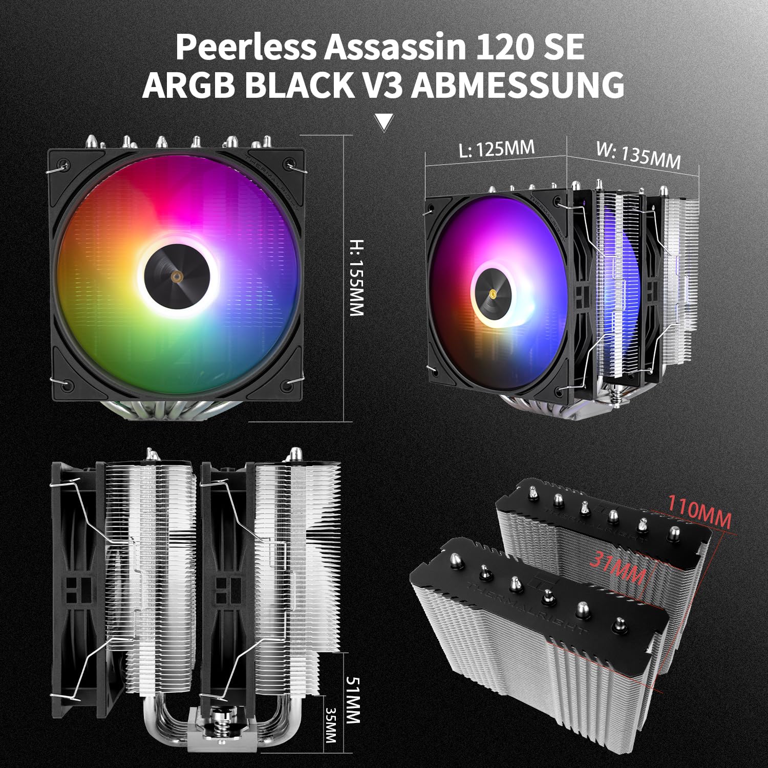 Thermalright Chłodzenie procesora Peerless Assassin 120 SE ARGB Black V3, 6 rur cieplnych, technologia AGHP, prędkość 2000 obr./min, Ryzen AM5/AM4, Intel LGA 1700/1851/115X, chłodzenie