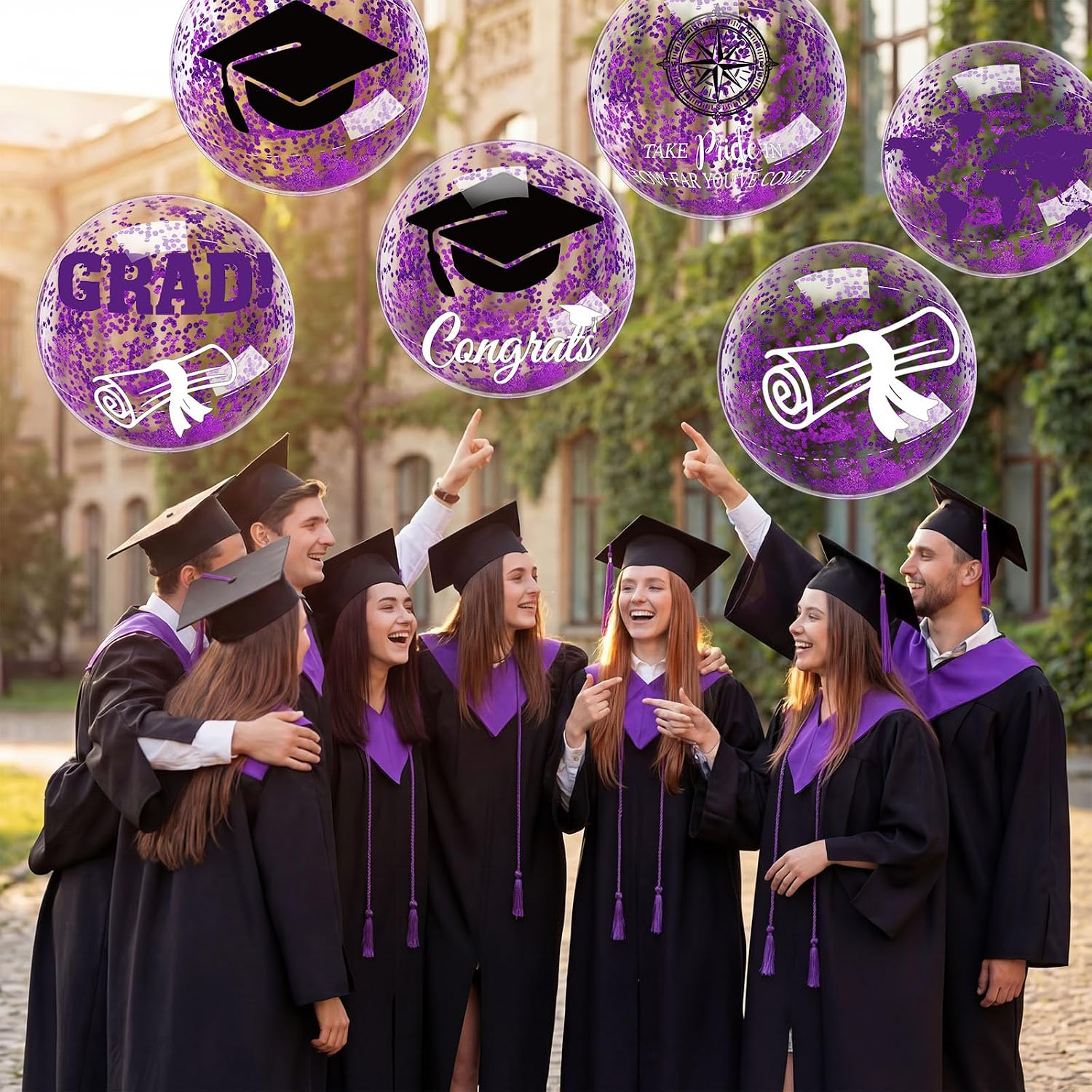 Hollowfly Purple 10 Pcs 16 Inch Graduation Beach Balls Inflatable 2026 Grad Beach Ball Congrats Sign Bulk Confetti Glitter Blow up Pool Balls for Grad Swimming Graduation Party Supplies Favors