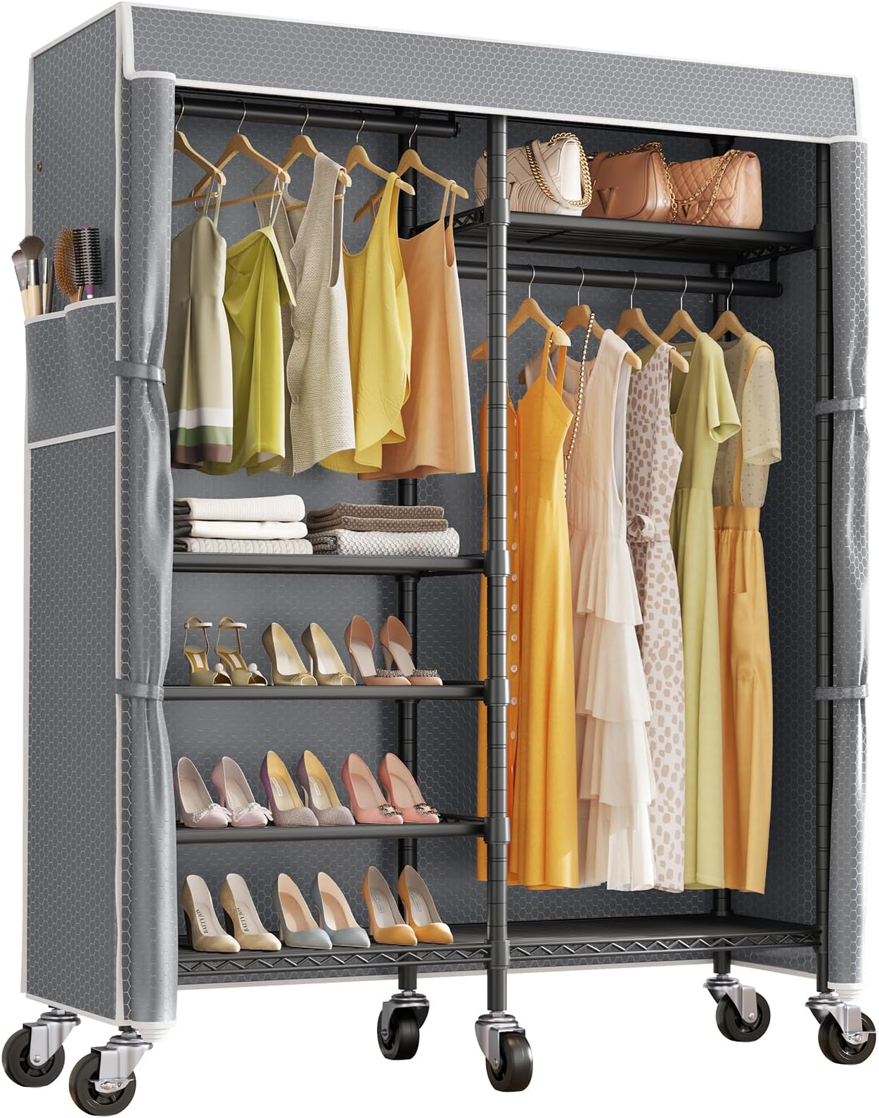 VIPEK R4C Rolling Garment Rack 6 Tiers Adjustable Heavy Duty Wire Shelving Portable Clothes Rack with Lockable Wheels, Black Metal Clothing Rack with Grey Upgraded Polyester Cover, Max Load 620lbs