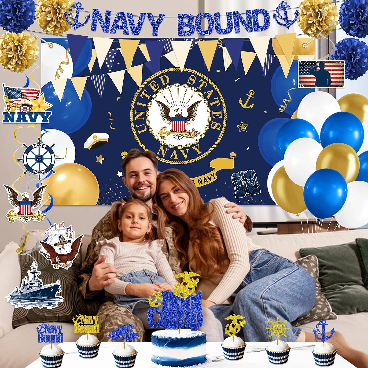 Navy Party Decorations - Navy Bound Banner Boot Camp Decor Military Themed Banner Boot Camp Cupcake Topper Military Backdrop Balloons Tissue Pompoms Swirls