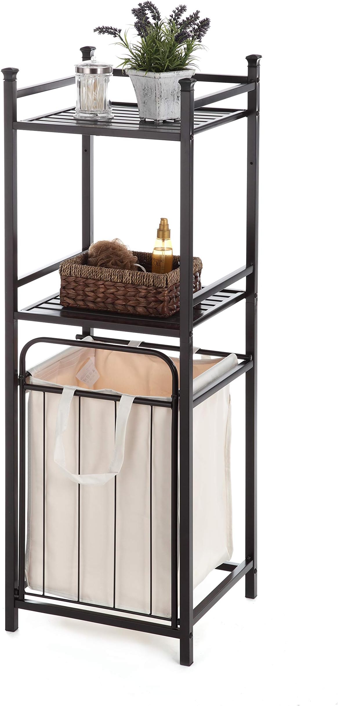 Home Zone Bathroom Storage Shelf with Laundry Basket Sorter, 3-Tiers and Shelving Liners | Heavy Duty Restroom Space Saver with Oil-Rubbed Finish (Rustic Style)