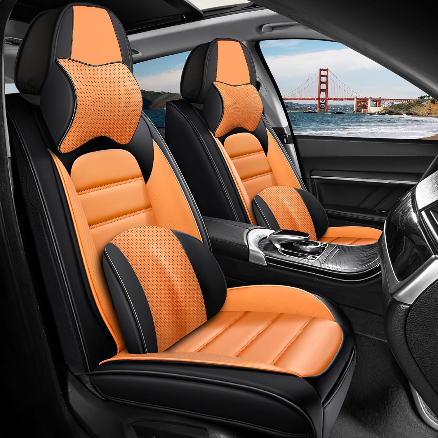 2 Seat Covers Fit for Toyota Corolla Cross 2022-2026, Waterproof Premium Leather Automotive Accessories Seat Protectors Seat Cushions Wear-Resistant Car Seat Covers(Black&Orange,Front Deluxe)