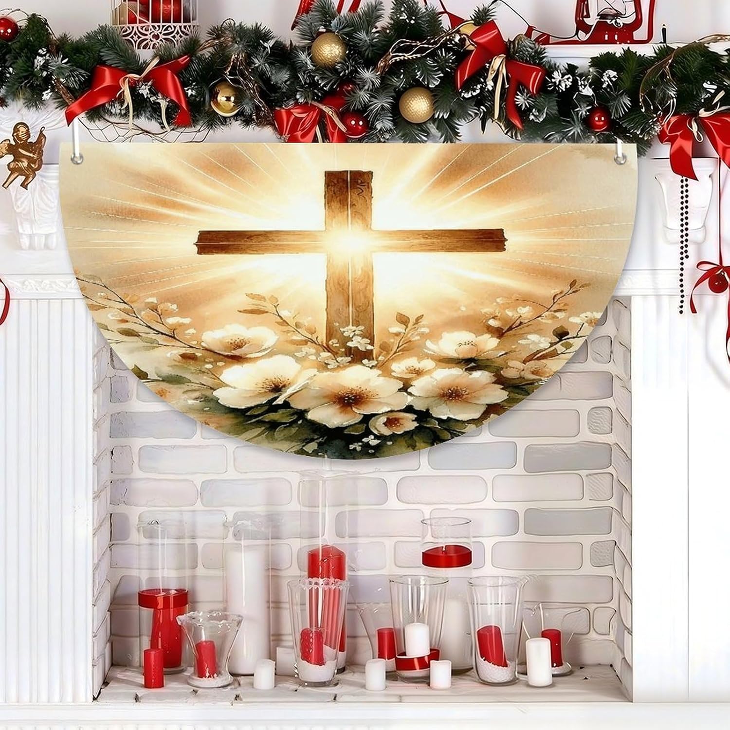 Half Circle Bunting Flag with 3 Grommets, Jesus Christ Cross