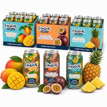 LUNISH Tropical Variety Pack Prebiotic Soda - Mango, Pineapple & Passion Fruit with 4g Prebiotic Fiber, Apple Cider Vinegar, 12 Pack
