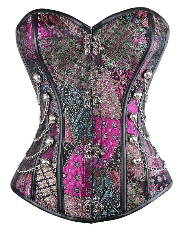 Charmian Womens Spiral Steel Boned Steampunk Gothic Bustier Corset with Chains