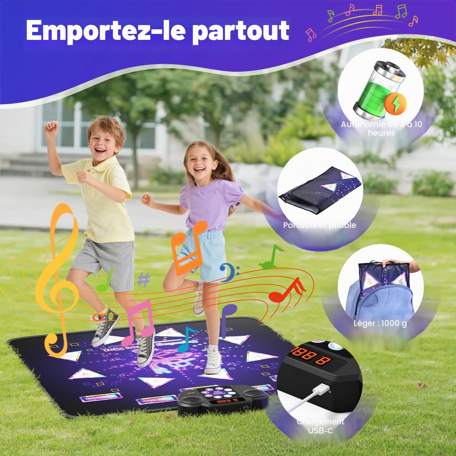 Tapis de Danse pour Enfants,8 Flèches de Lumière LED Musique Pad de Danse Musical avec 6 Modes de Jeu, batterie rechargeable , Jouet Cadeau d'anniversaire de Noël pour Garçons Filles de 3 à 12 Ans