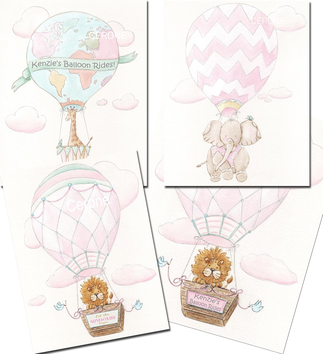 Personalized Hot Air Balloon Prints, 3 Piece Set, Baby Giraffe, Lion, Elephant, Travel Theme Print Posters For Girl, Pastel Pink Baby Shower Gift, Safari Animal Nursery Wall Art, 5x7 to 24x36