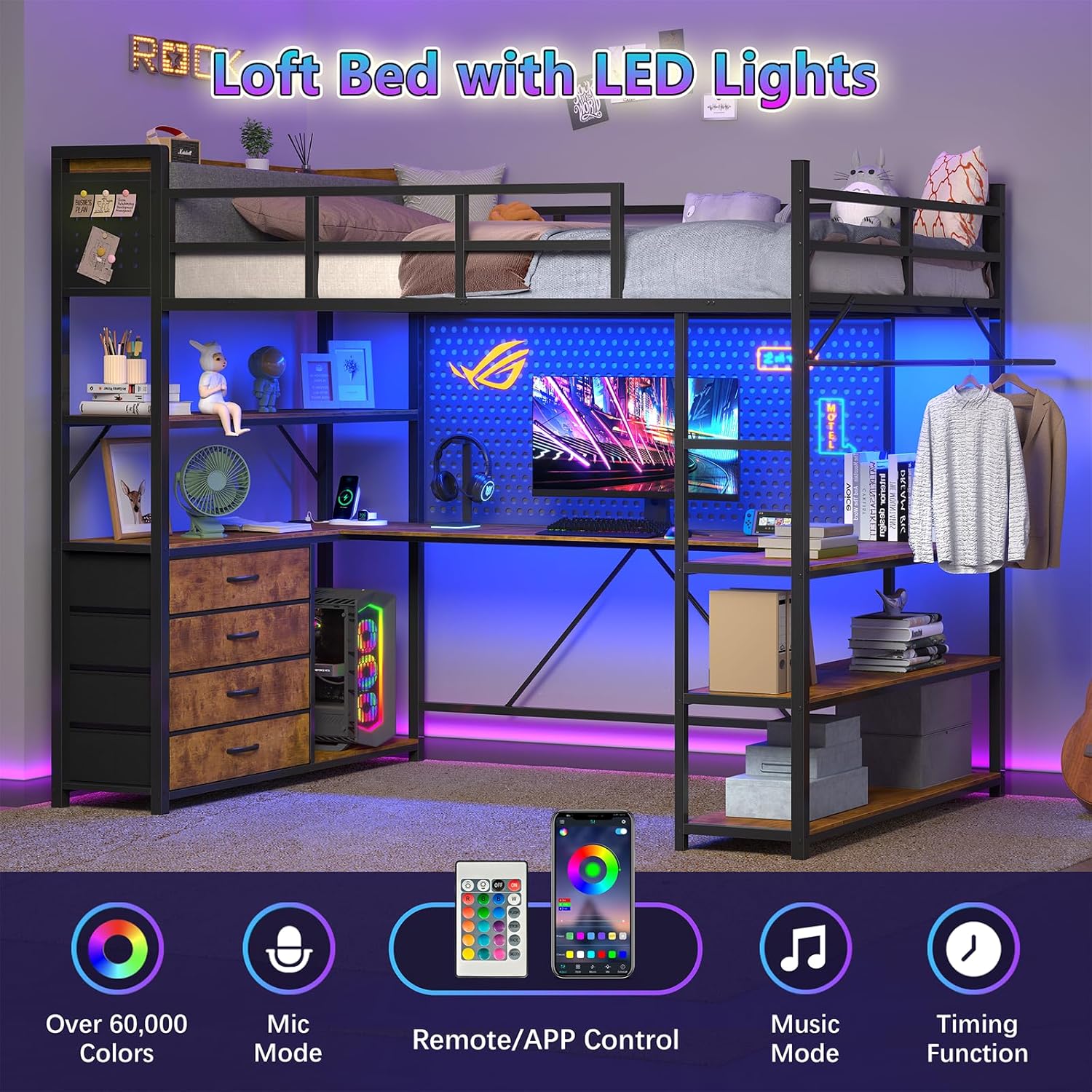 Loft bed with LED lights illuminated, showing remote and app control options