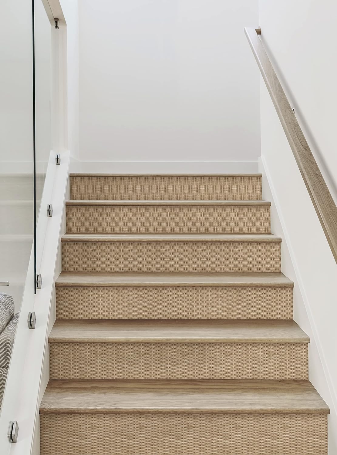 Rattan Weave Look Peel and Stick Stair Riser Strips (15 Pack - 48" w x 6.5" h, White Wash Rattan)