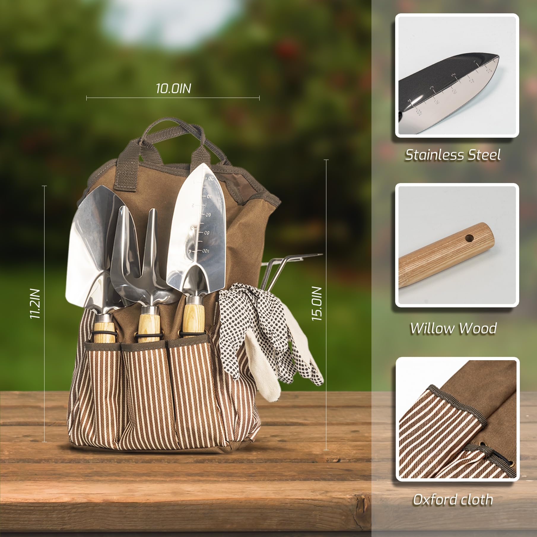 Juego de herramientas de jardín de 13 piezas con bolsa de mano y delantal, alfombrilla de trasplante – Kit de plantación resistente de acero inoxidable, asas ergonómicas antideslizantes