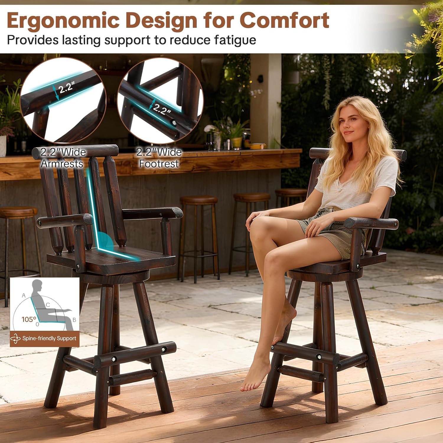 HOMEDIARY 3 Piece Outdoor Swivel Adirondack Bar Set, 41.9" Patio Log Bar Height Table & 2 Bar Stools with High Back, 500 LBS Heavy Duty Wooden Bar Stools Set for Deck Pub Garden Backyard, Carbonized