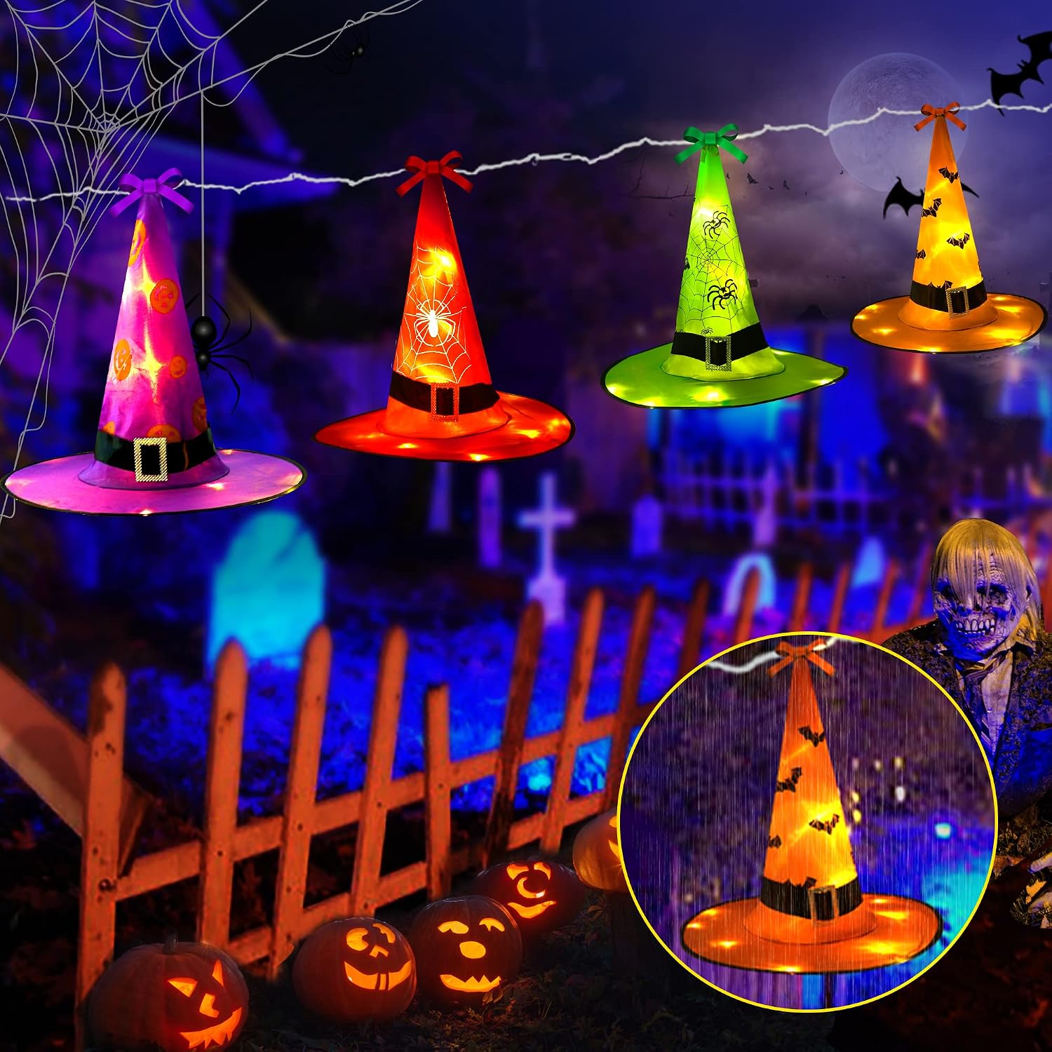 Halloween Decorations Outdoor Lighted Witch Hats 8Pcs, Plug In Hanging Witch Hats Decor 8 Modes 43ft 104 LED Halloween Lights Indoor String Light for Halloween Party Home Garden Tree Porch Decoration