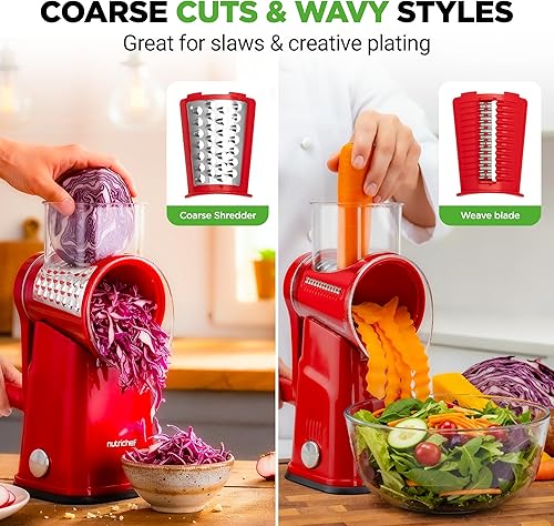 Miniatura 5 de NutriChef Rallador y triturador de queso 5 en 1  5 cuchillas diferentes para tiras finas, gruesas, de juliana, onduladas y rectas  Incluye manivela,