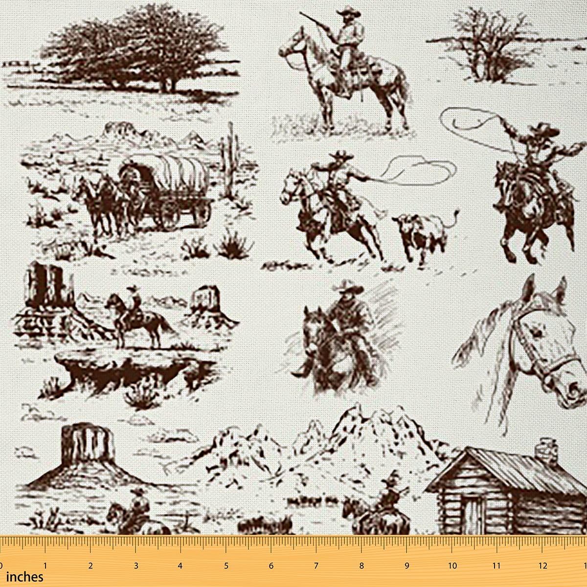Vintage Western Cowboy Fabric by The Yard 5 Yard, Galloping Horse Upholstery Fabric for for Chairs Western Decorative Waterproof Outdoor Fabric Sketch Style Outdoor Fabric