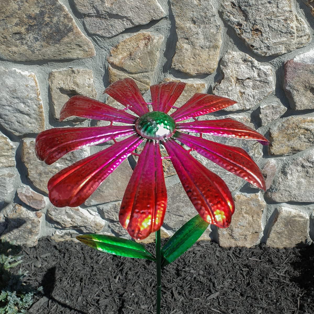 Treasure Gurus Red Flower Metal Wind Weather Spinners Kinetic Garden Sculpture 3D Yard Art Windmill Stake Patio Decor