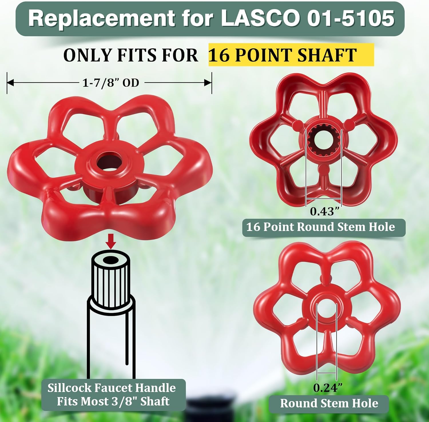 Dreyoo 2 Pack Outdoor Faucet Handles, 16 Point Broach 0.43" Round Stem Hole Faucet Handle Compatible with LASCO 01-5105, Round Wheel Handle Fits Most 3/8" Shaft Sillcock Valve Stems (Red) Red 16 Point Broach