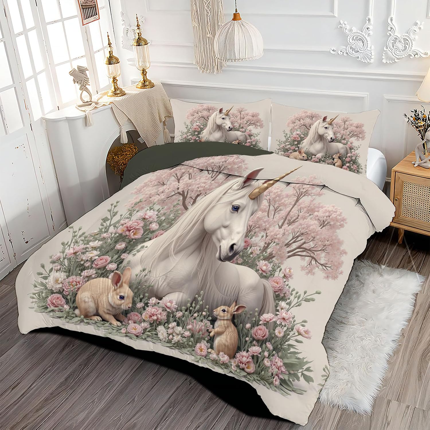 Beige 90" x 90" Duvet, Reversible Coverless Children Boys Girls 3 Duvet, Queen Washable Quilt 7.5 Tog for All Seasons, Woodland Flowers Rabbits Comforter with 2 Pillowcases