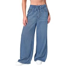 roswear Womens Wide Leg Jeans Non-Stretch with Elastic Waist Denim Pants for Casual Lounge