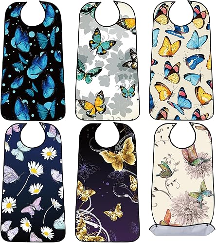 SATINIOR 6 baberos para adultos, lavables y reutilizables, protectores de ropa con atrapa migas, hermoso patrón de baberos