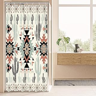 Small Stall Rv Western Aztec Cactus Shower Curtain 36Wx72H Inch Camper Southwest Boho Geometric Ethnic Shower Curtain Bathroom Set African Waterproof Bath Decoration Accessories Home Decor