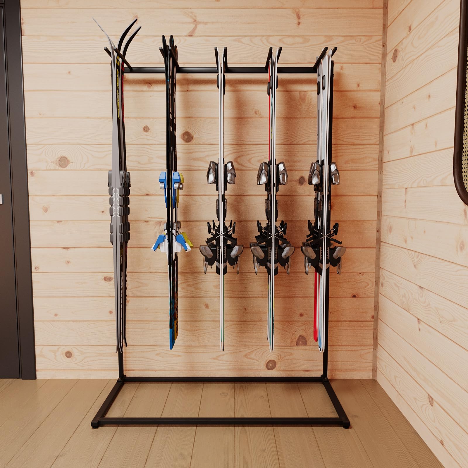QLS Portasci da Terra per 10 Paia 175 cm Acciaio Nero | Struttura verniciata con supporti gommati, 117 x 50 x 175 cm, per garage, cantina o noleggio sci