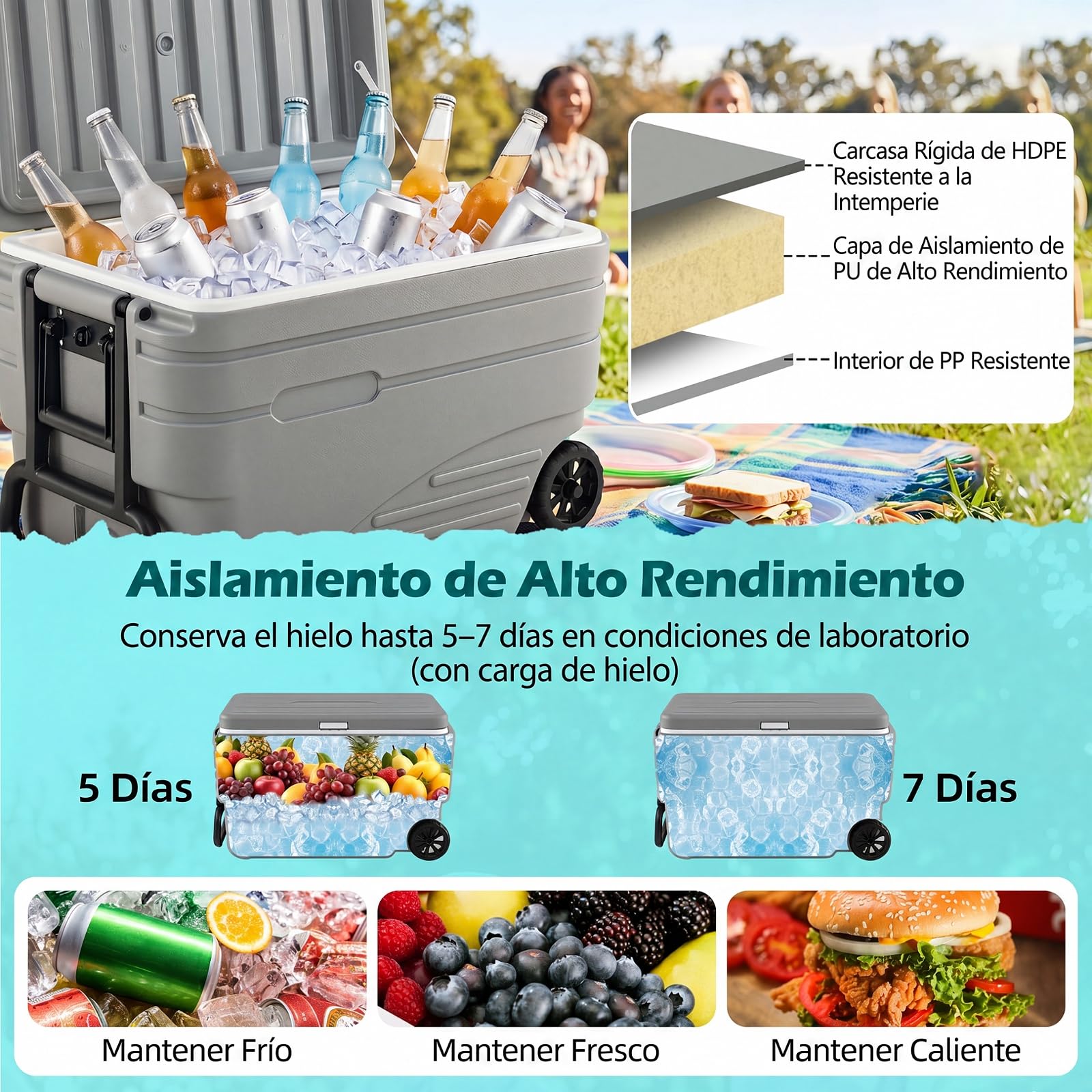 COSTWAY Nevera Portátil Rígida, Nevera Térmica de Gran Capacidad con Ruedas, Mango Plegable, 2 Asas Laterales, Hielera de Alto Rendimiento 5-7 Días para Camping Pesca Playa